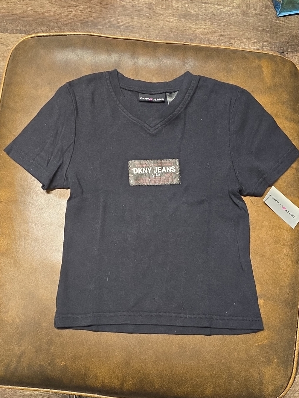 Vintage NWT DKNY Black V-Neck Logo Patch Tee
